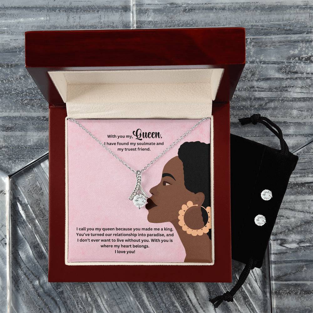 To My Queen | Wife Jewelry Necklace + Clear CZ Earrings