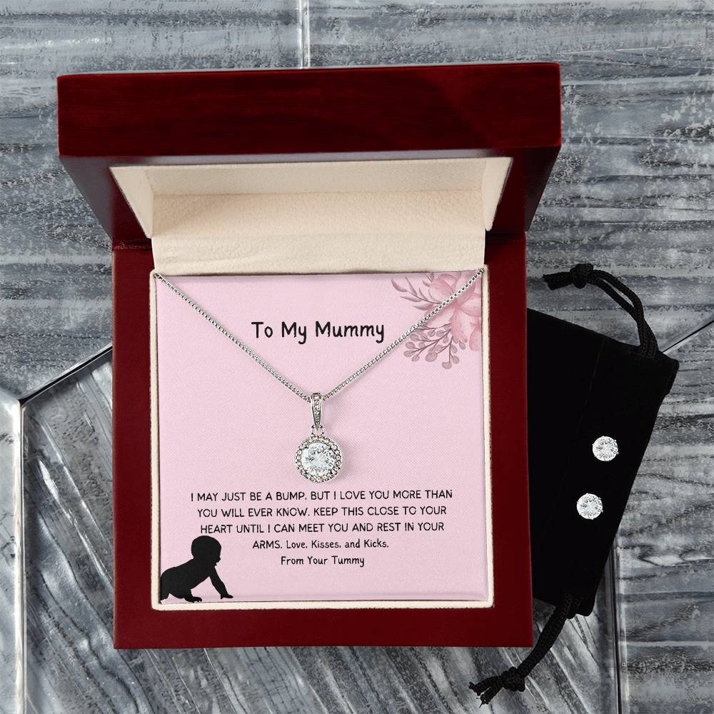 To My Mummy | From Your Tummy | Pregnancy Necklace + Clear CZ Earrings