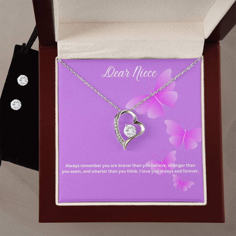 Dear Niece | You Are Braver Than You Believe | Necklace + Clear CZ Earrings