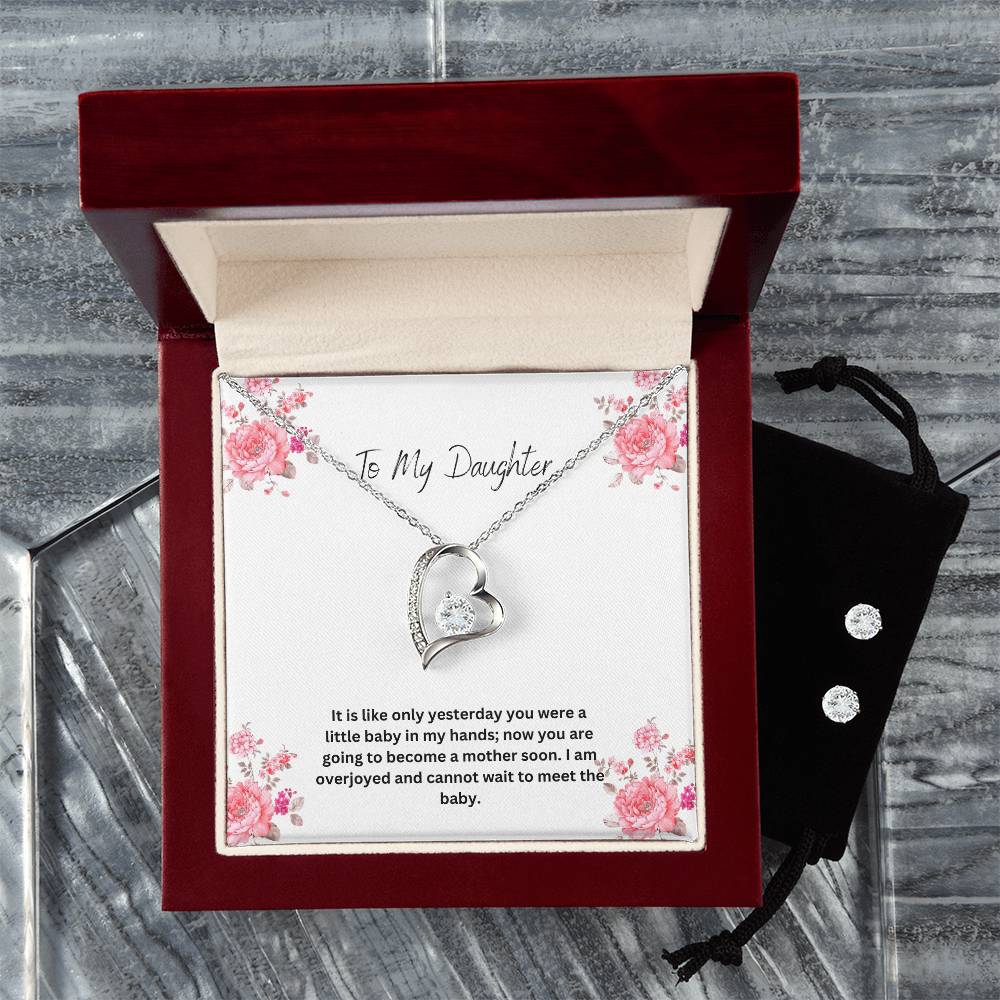 To My Daughter | I Cannot Wait To Meet The Baby | Pregnancy Necklace + Clear CZ Earrings