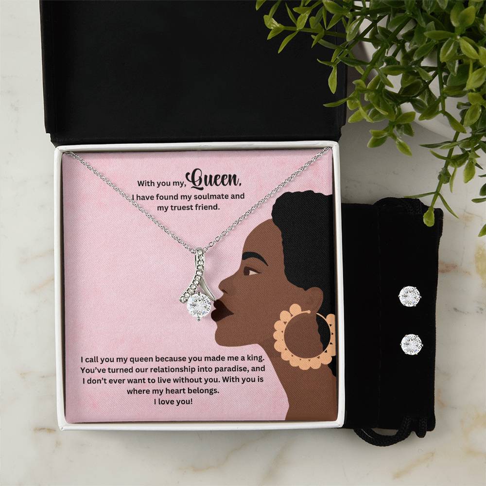 To My Queen | Wife Jewelry Necklace + Clear CZ Earrings