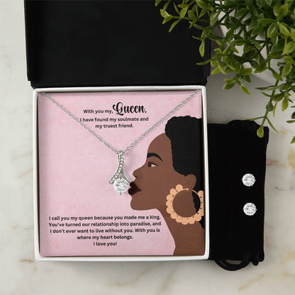To My Queen | Wife Jewelry Necklace + Clear CZ Earrings