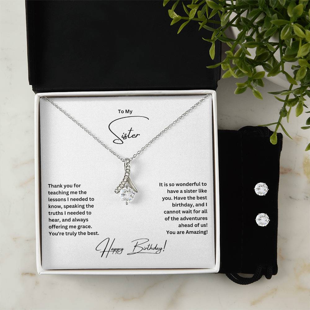 To My Sister | Happy Birthday | Necklace + Clear CZ Earrings