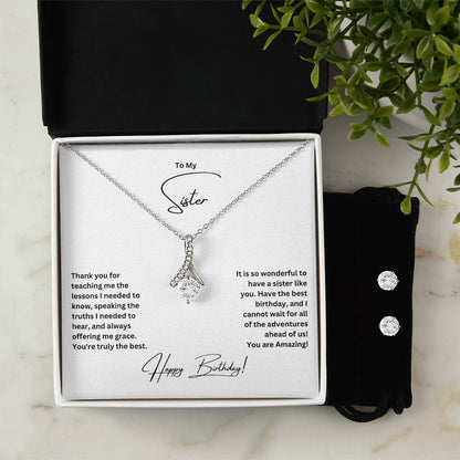 To My Sister | Happy Birthday | Necklace + Clear CZ Earrings