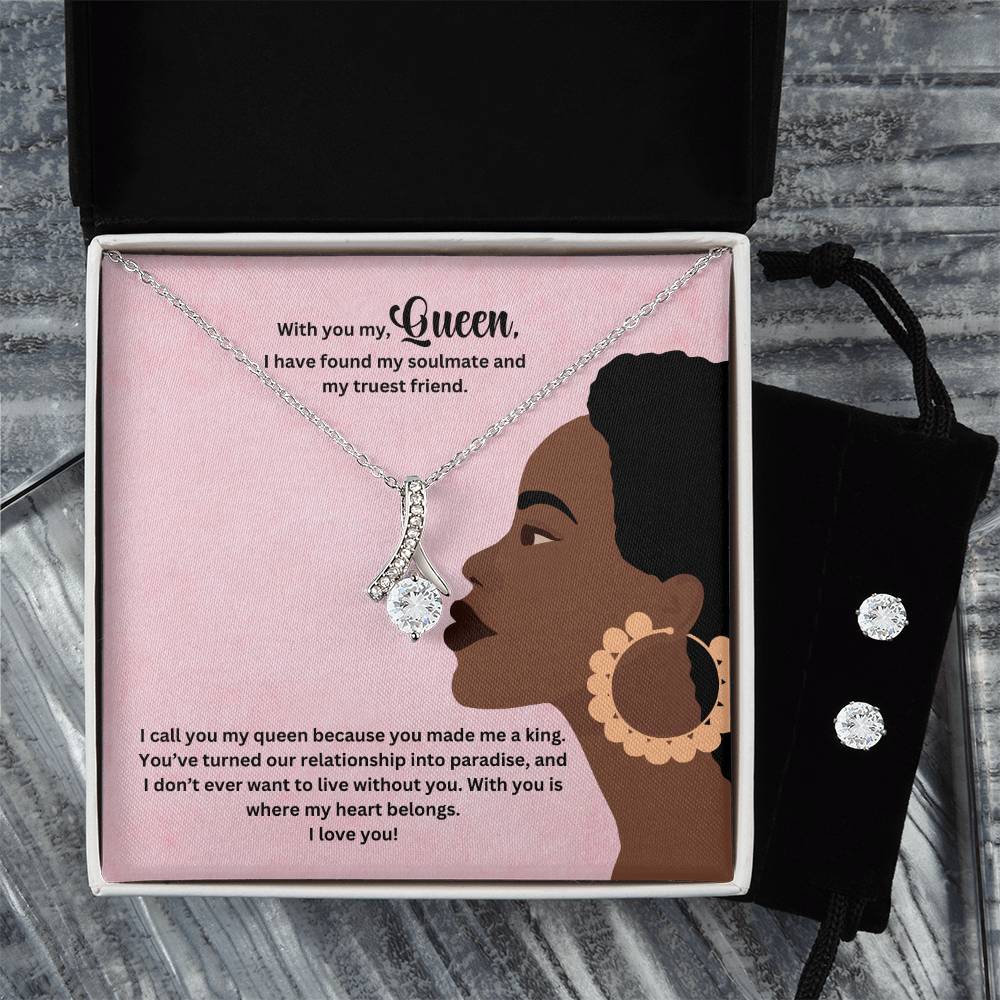 To My Queen | Wife Jewelry Necklace + Clear CZ Earrings
