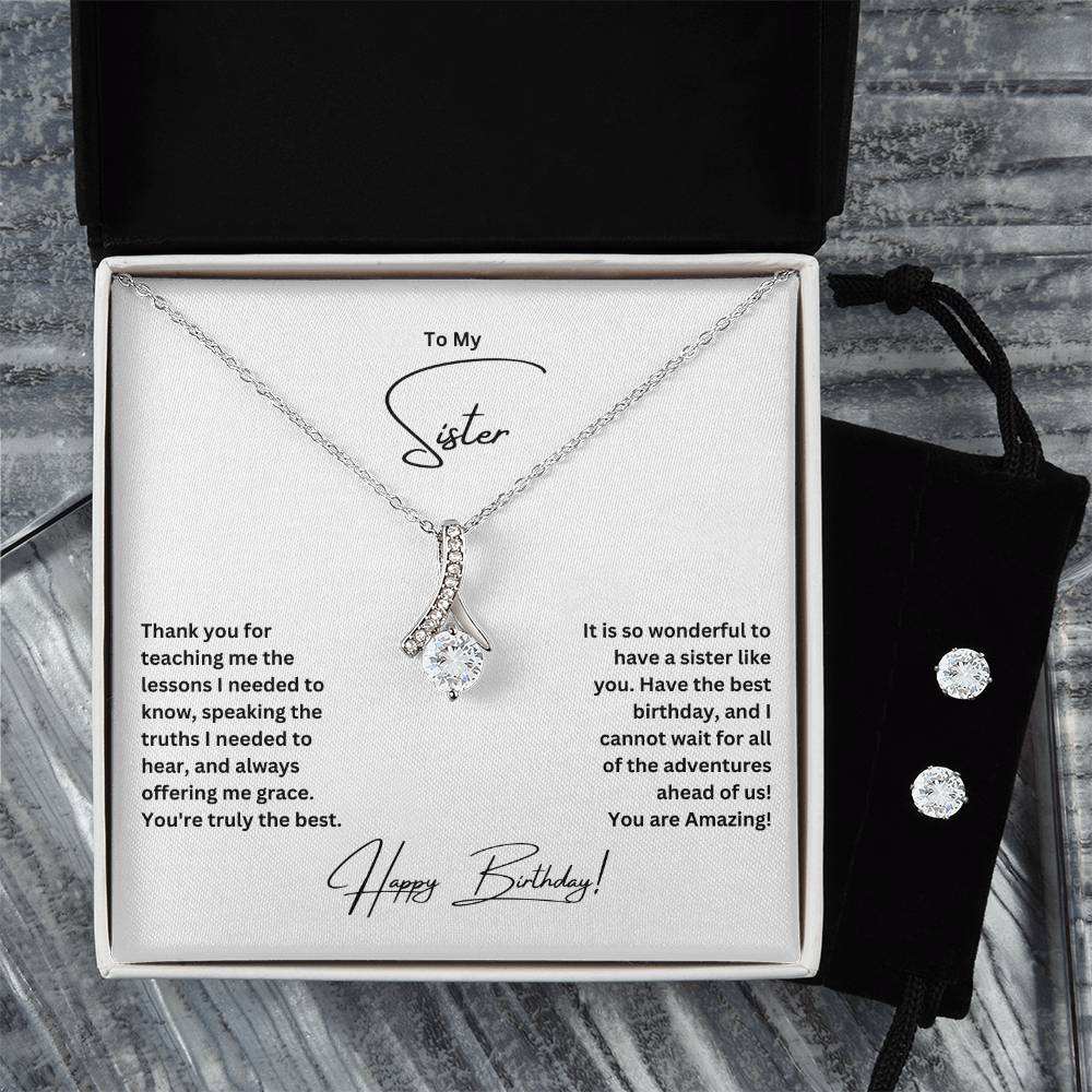 To My Sister | Happy Birthday | Necklace + Clear CZ Earrings