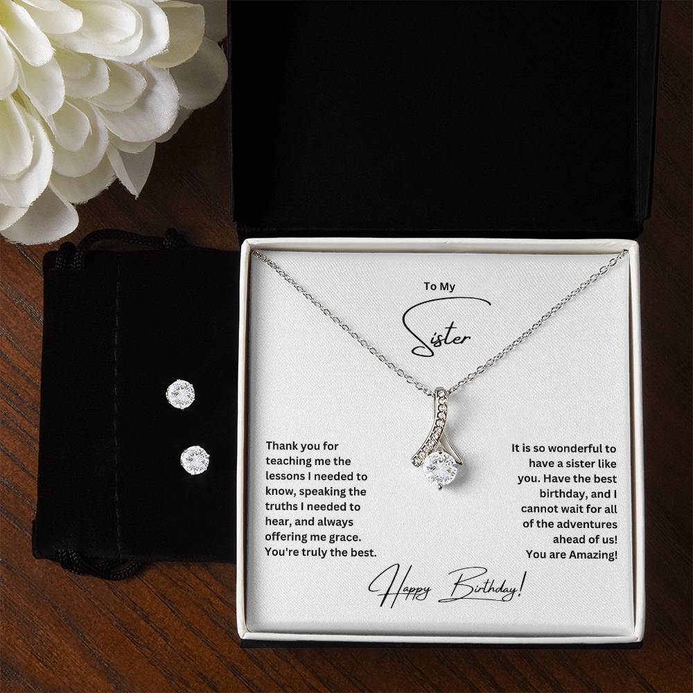 To My Sister | Happy Birthday | Necklace + Clear CZ Earrings