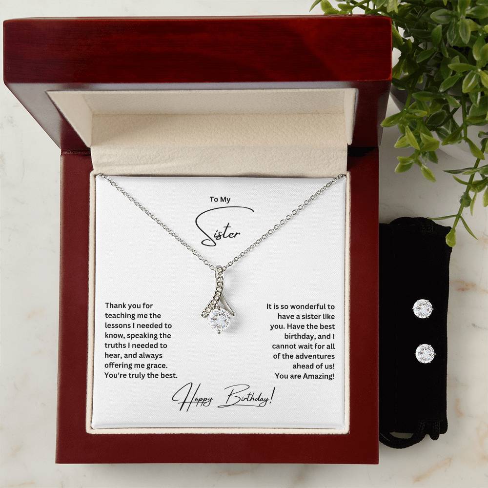 To My Sister | Happy Birthday | Necklace + Clear CZ Earrings