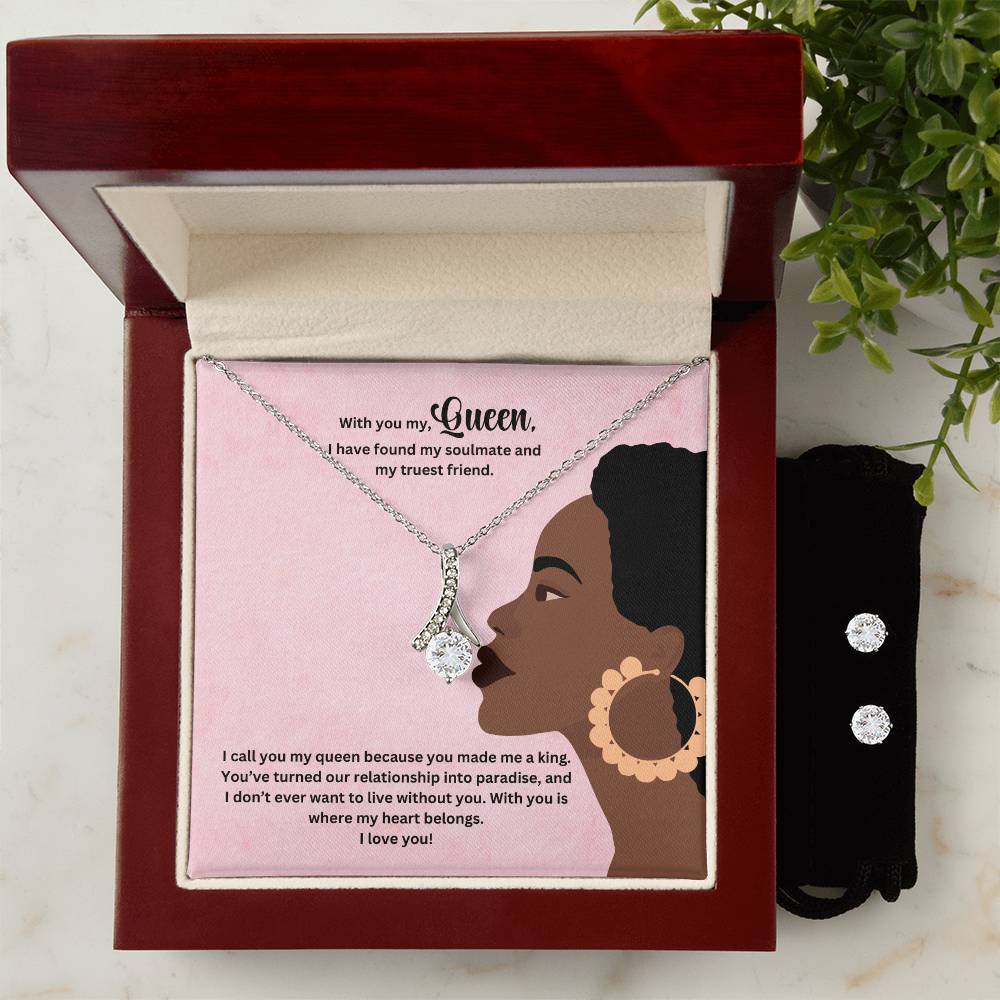 To My Queen | Wife Jewelry Necklace + Clear CZ Earrings