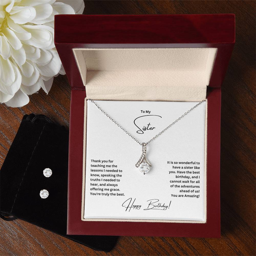 To My Sister | Happy Birthday | Necklace + Clear CZ Earrings
