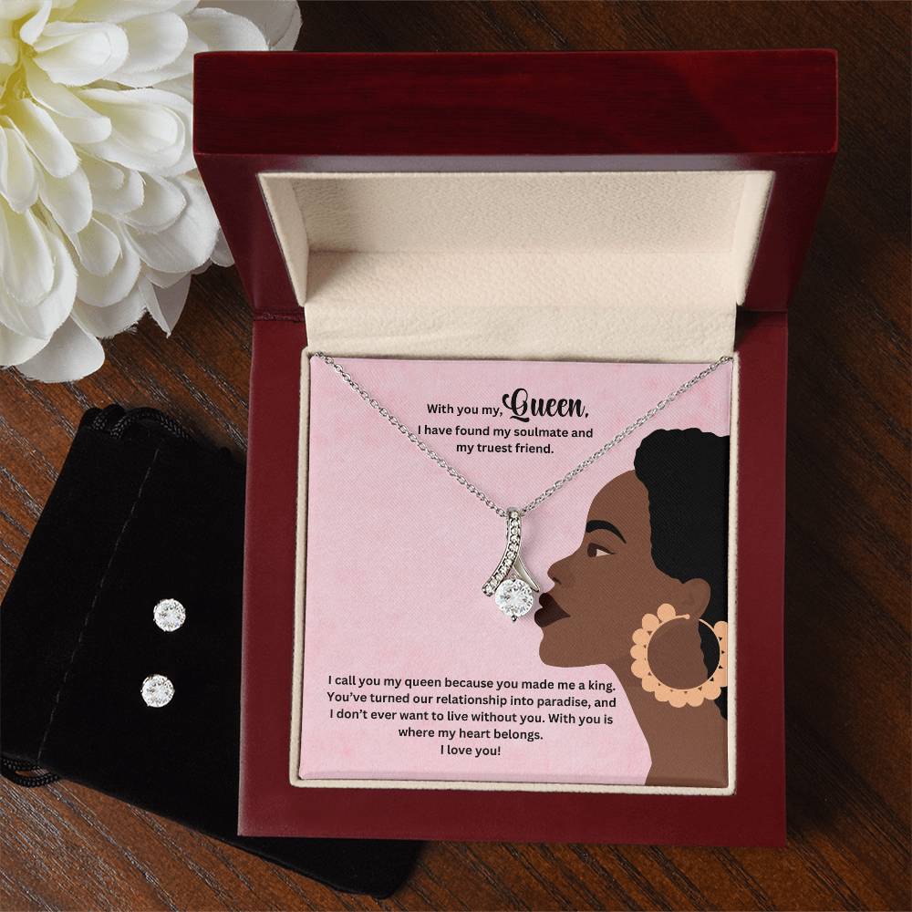 To My Queen | Wife Jewelry Necklace + Clear CZ Earrings