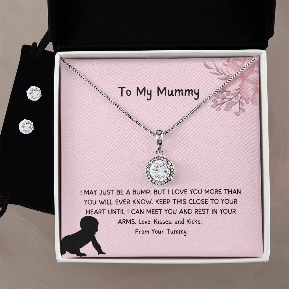 To My Mummy | From Your Tummy | Pregnancy Necklace + Clear CZ Earrings