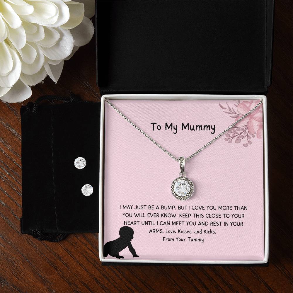 To My Mummy | From Your Tummy | Pregnancy Necklace + Clear CZ Earrings