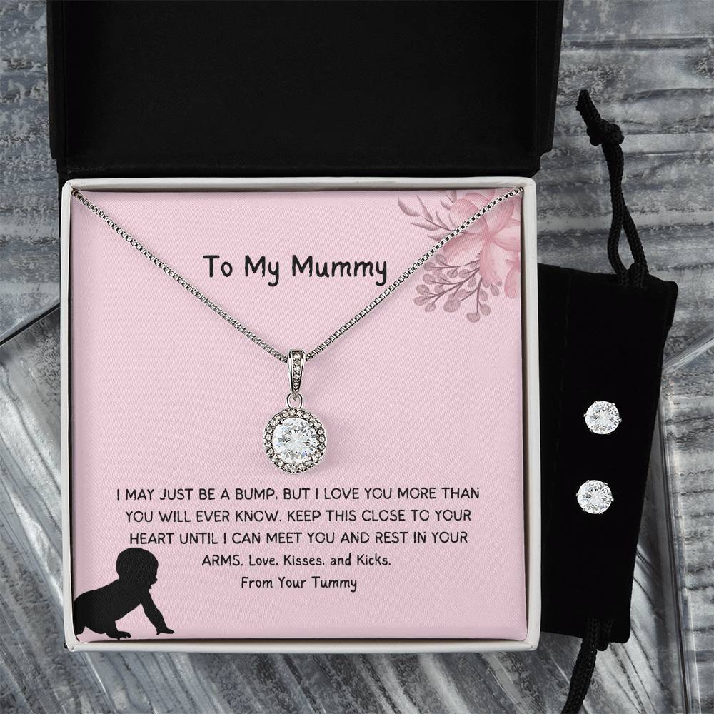 To My Mummy | From Your Tummy | Pregnancy Necklace + Clear CZ Earrings