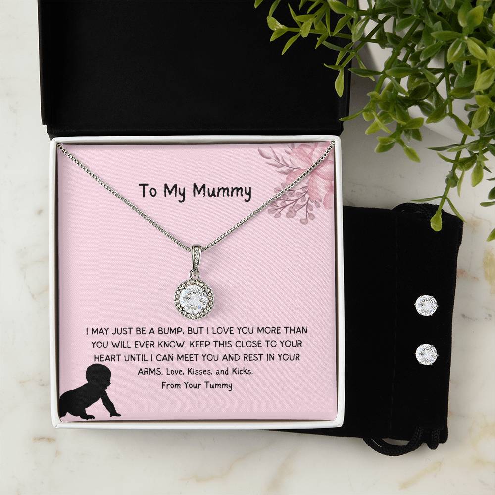 To My Mummy | From Your Tummy | Pregnancy Necklace + Clear CZ Earrings