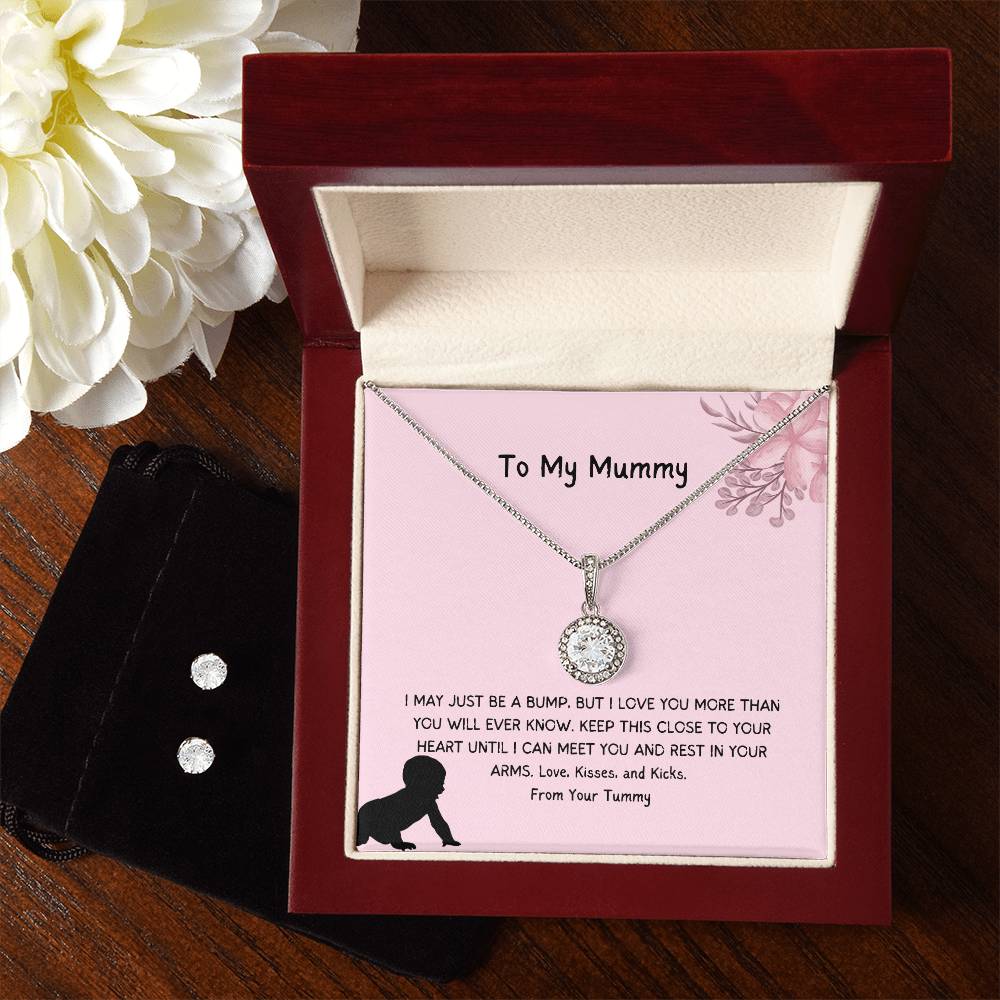 To My Mummy | From Your Tummy | Pregnancy Necklace + Clear CZ Earrings