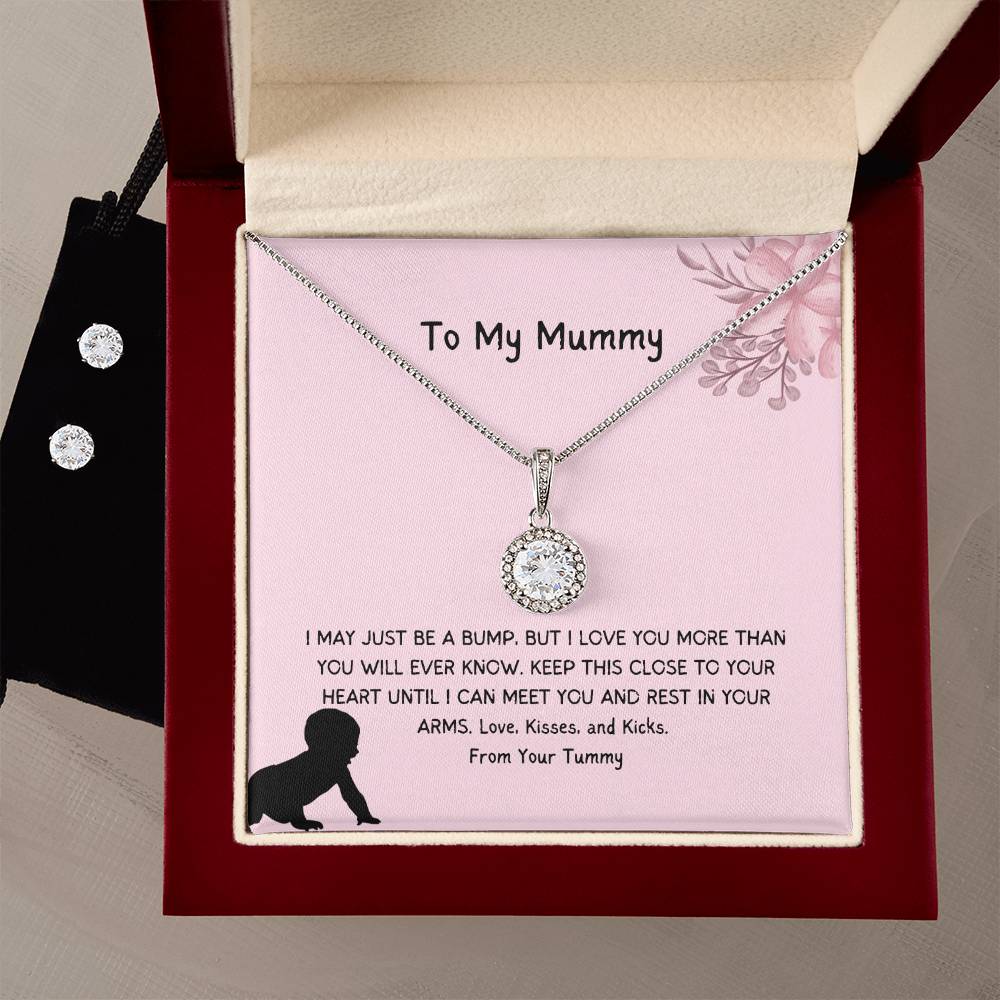 To My Mummy | From Your Tummy | Pregnancy Necklace + Clear CZ Earrings