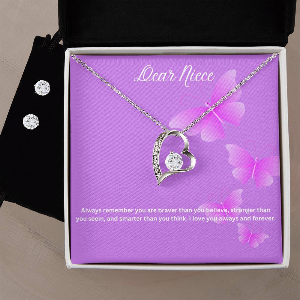 Dear Niece | You Are Braver Than You Believe | Necklace + Clear CZ Earrings