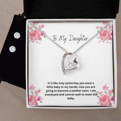 To My Daughter | I Cannot Wait To Meet The Baby | Pregnancy Necklace + Clear CZ Earrings