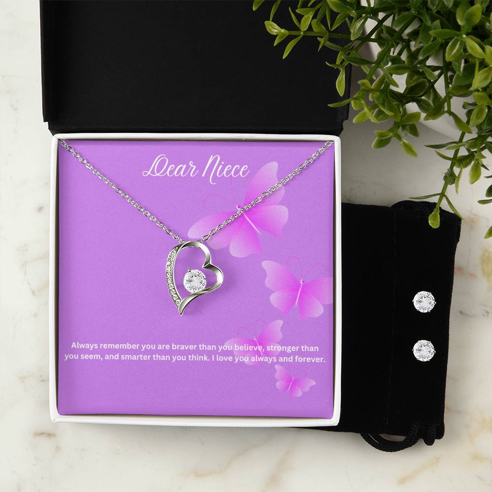 Dear Niece | You Are Braver Than You Believe | Necklace + Clear CZ Earrings