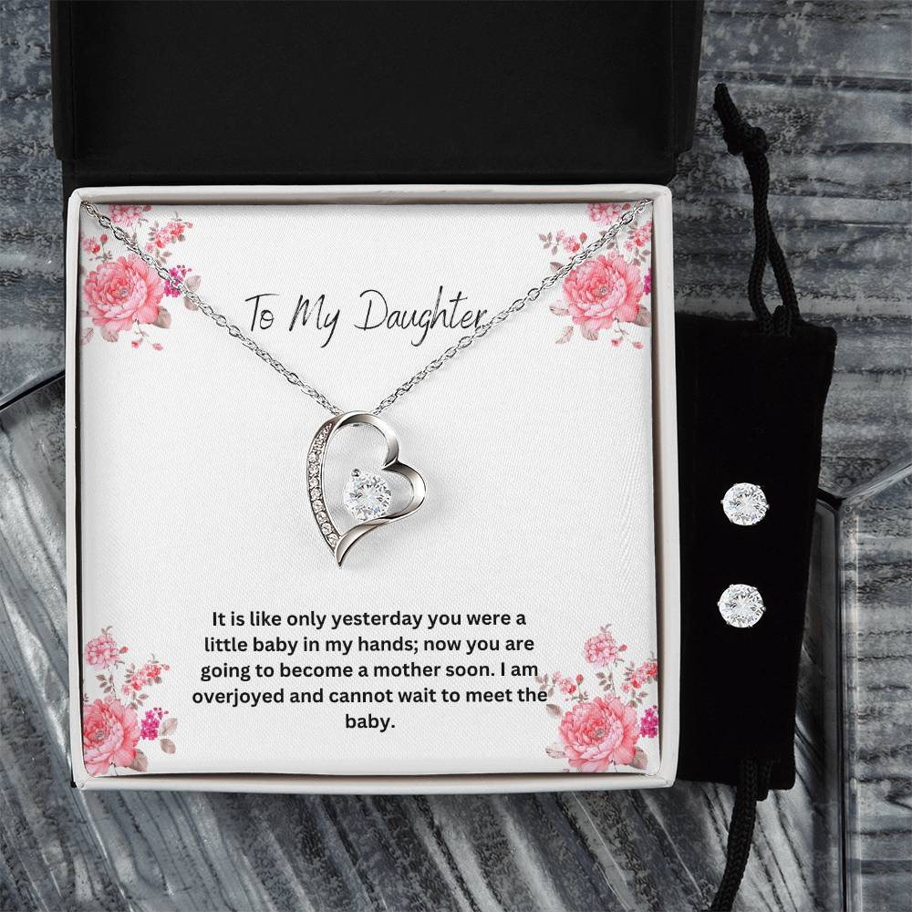 To My Daughter | I Cannot Wait To Meet The Baby | Pregnancy Necklace + Clear CZ Earrings