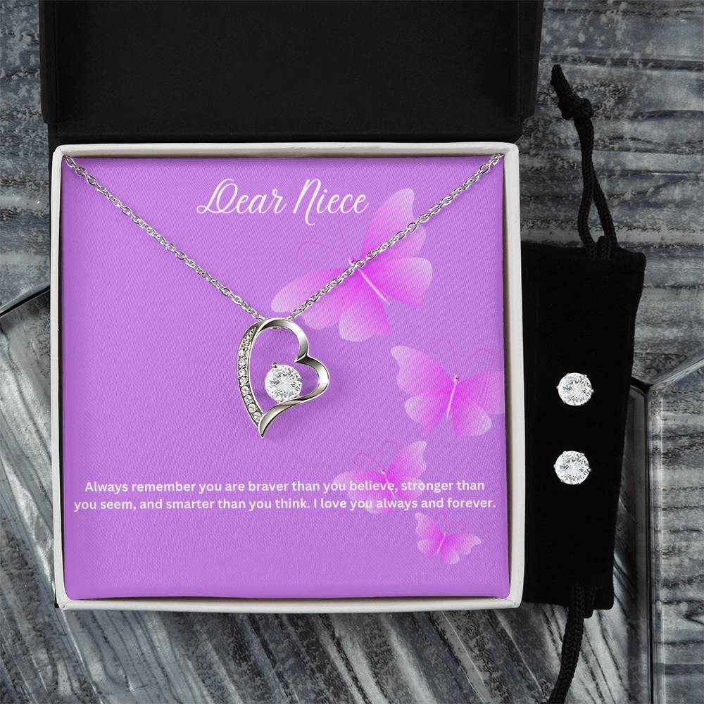 Dear Niece | You Are Braver Than You Believe | Necklace + Clear CZ Earrings