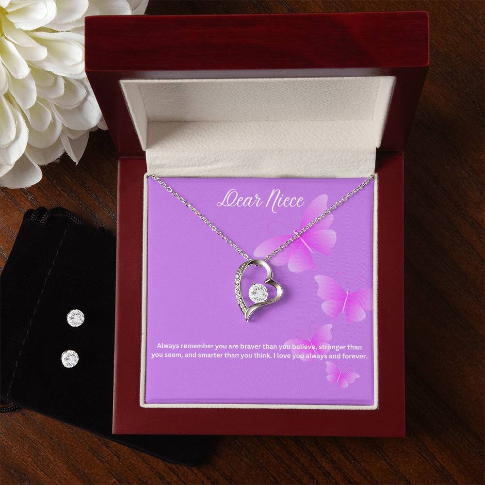 Dear Niece | You Are Braver Than You Believe | Necklace + Clear CZ Earrings