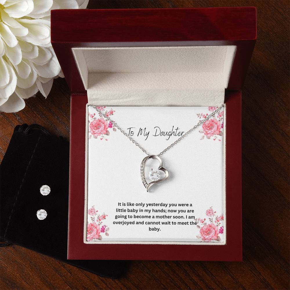 To My Daughter | I Cannot Wait To Meet The Baby | Pregnancy Necklace + Clear CZ Earrings