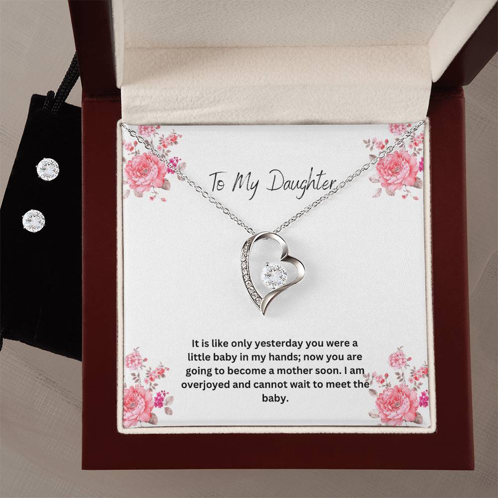To My Daughter | I Cannot Wait To Meet The Baby | Pregnancy Necklace + Clear CZ Earrings