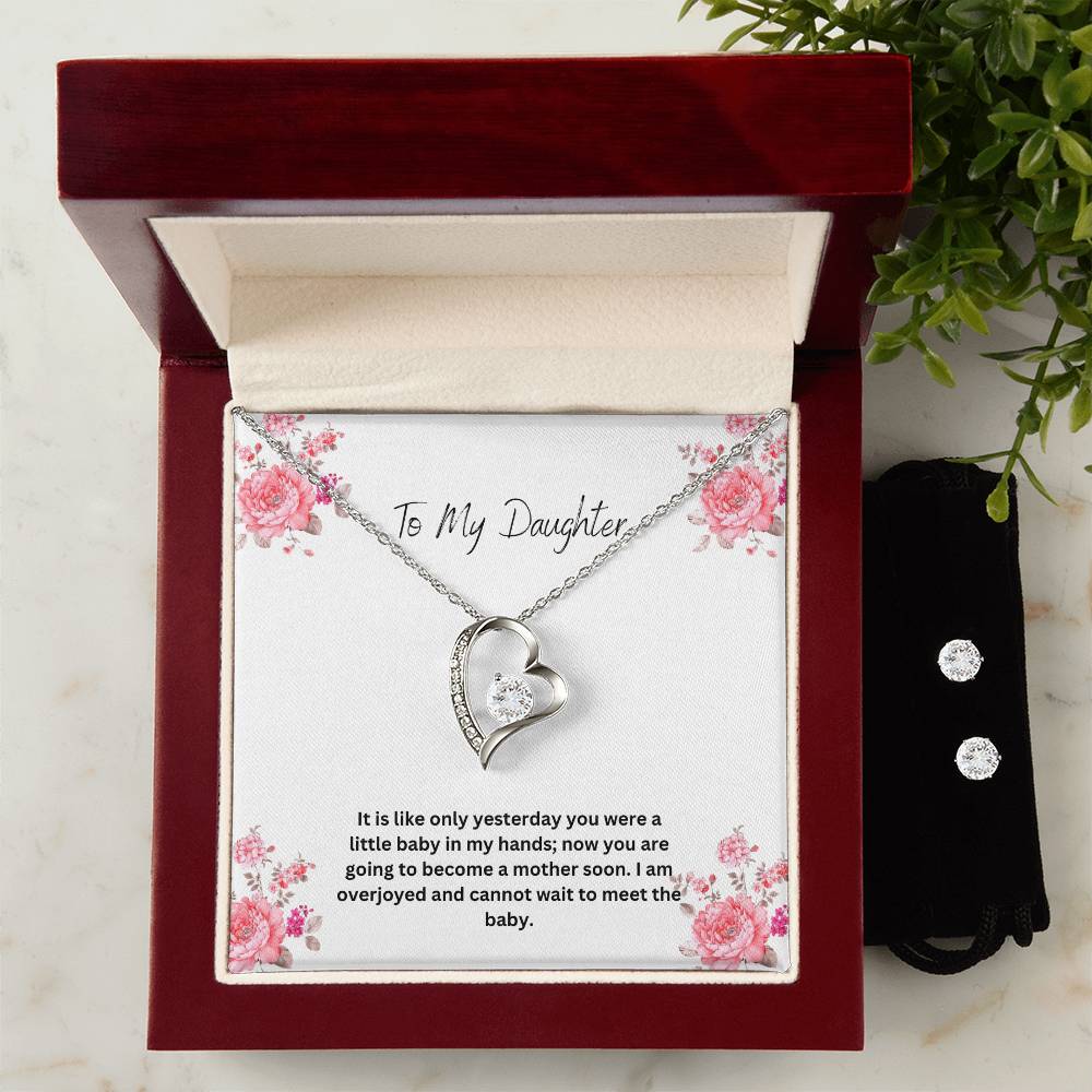 To My Daughter | I Cannot Wait To Meet The Baby | Pregnancy Necklace + Clear CZ Earrings