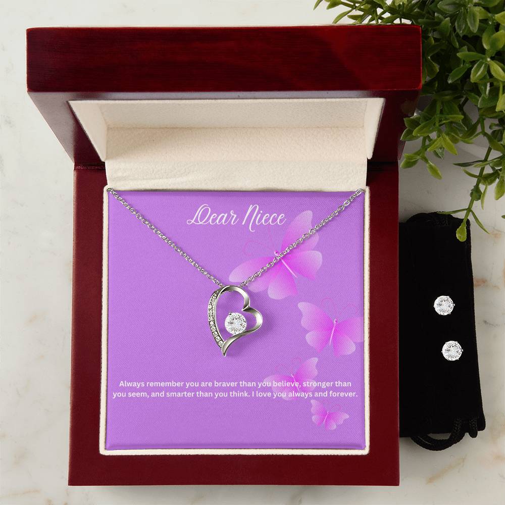 Dear Niece | You Are Braver Than You Believe | Necklace + Clear CZ Earrings