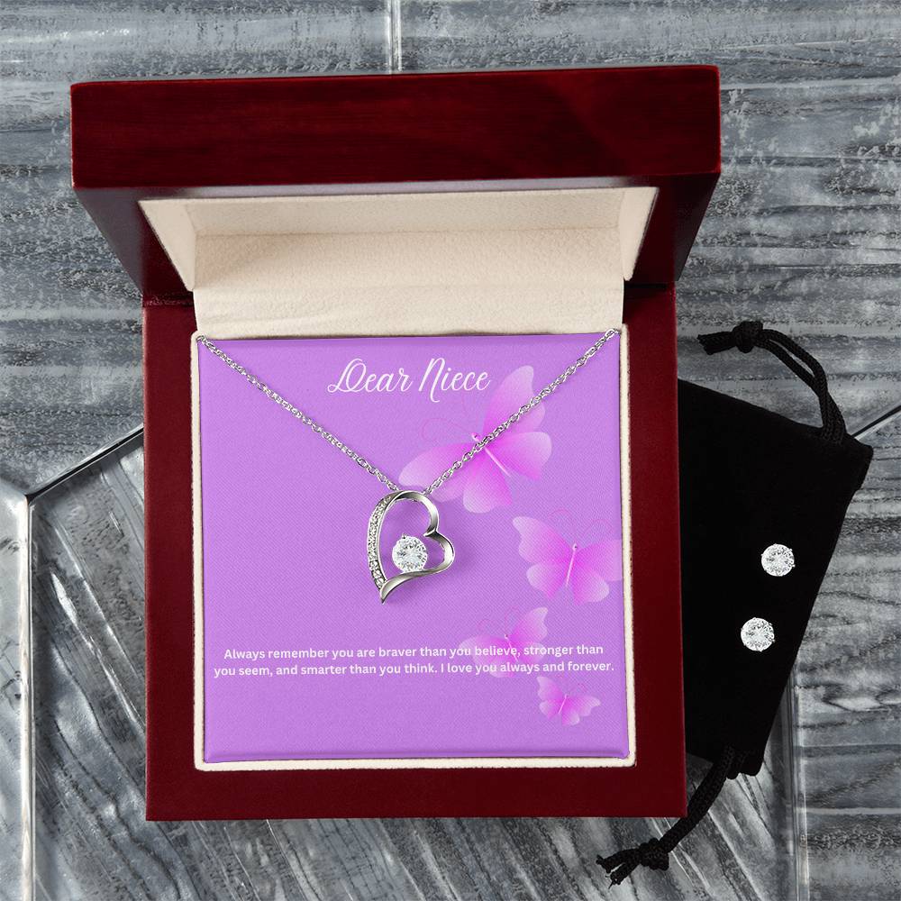 Dear Niece | You Are Braver Than You Believe | Necklace + Clear CZ Earrings